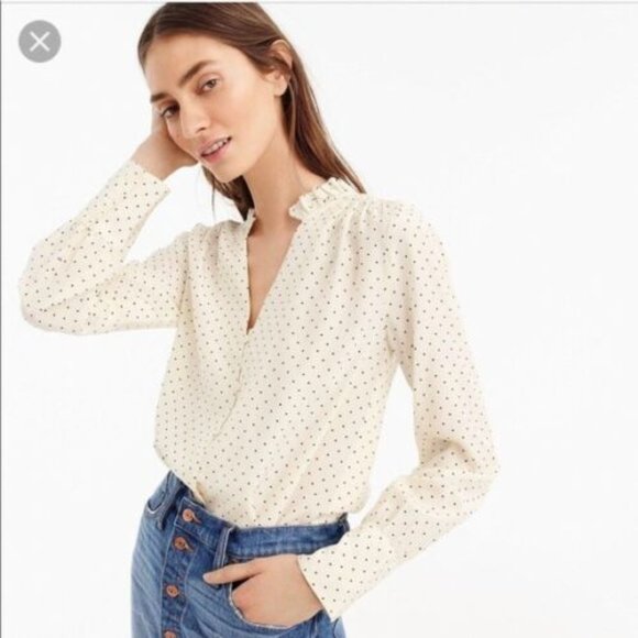 J. Crew Tops - J. Crew Silk Polka Dot Ruffled Collar Button Up Blouse Ivory Large H13740